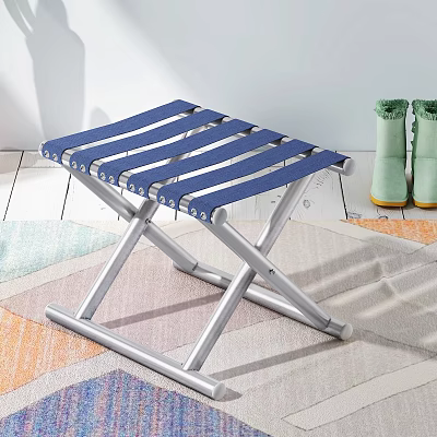 Folding Blue Stool With Metal Frame Design On Colorful Rug With Green Boots 3d model
