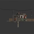 Post Apocalyptic Urban Scene With Damaged House Power Lines And Bridge Debris