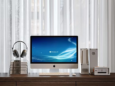 Apple iMac Desktop Computer Setup with Headphones Books External Devices on Wooden Desk 3d model