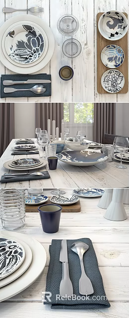 Elegant Tableware Set With Blue White Patterns For Dining Table 3d model