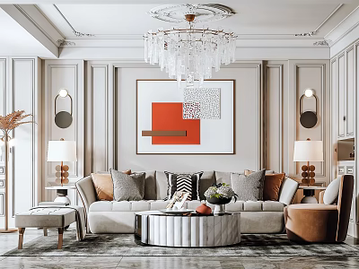 Elegant Modern Living Room Interior With White Sofa Round Coffee Table Crystal Chandelier And Wall Art 3d model