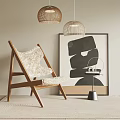 Modern Leisure Chair With Wooden Frame White Plush Seat Abstract Art And Woven Pendant Lights