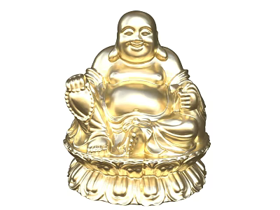 Golden Budai Buddha Sculpture in Sitting Posture with Ornate Pedestal and Smooth Surface 3d model