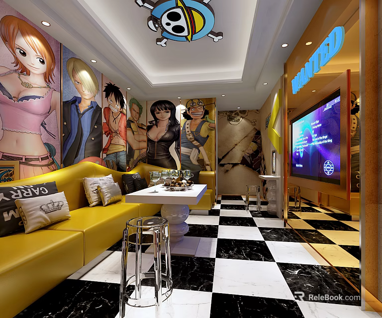 Modern KTV Interior Design With Stylish Sofa Large Screen And Wall Decorations 3d model 