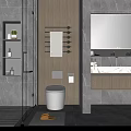 Modern Bathroom Featuring Gray Marble Walls Floors Glass Shower Enclosure Vanity Mirror and Wooden Accents
