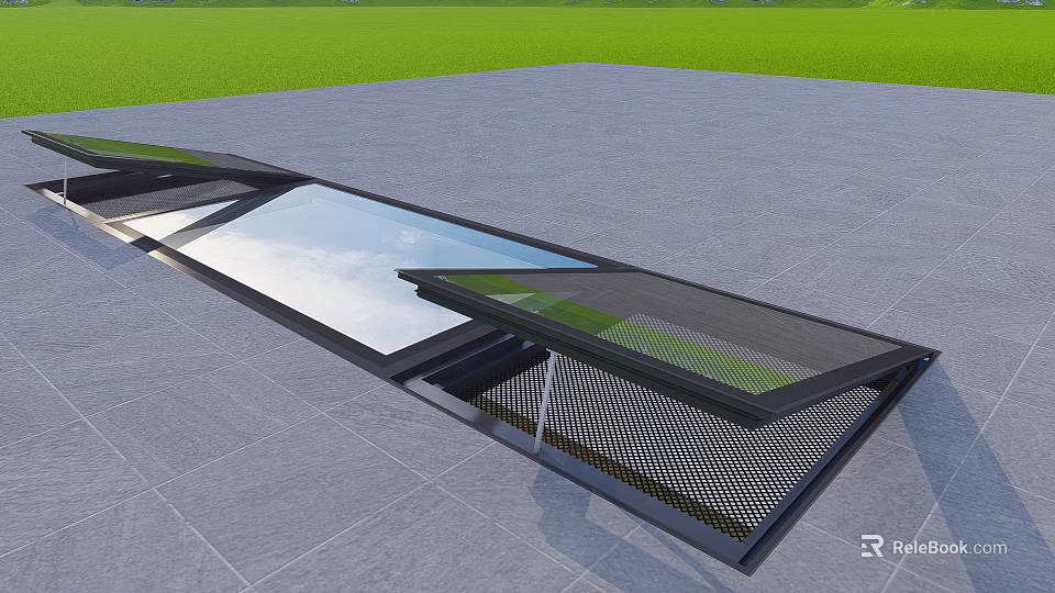 Detached Villa Featuring Open Glass Skylight On Gray Ground With Green Lawn 3d model 