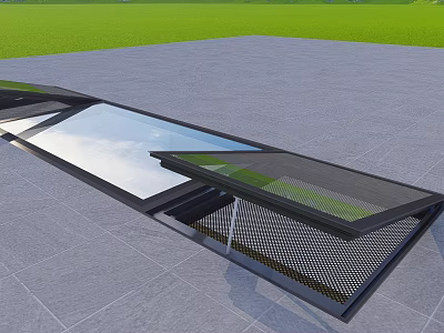 Detached Villa Featuring Open Glass Skylight On Gray Ground With Green Lawn 3d model