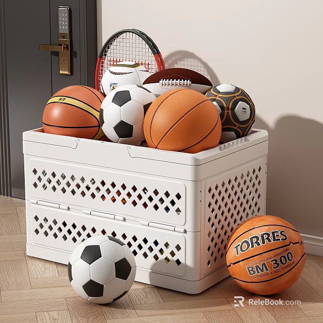 Sports Equipment Organized in White Storage Bin with Various Balls and Tennis Racket 3d model 