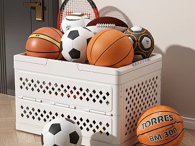 Sports Equipment Organized in White Storage Bin with Various Balls and Tennis Racket 3d model