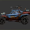 Rugged Military Off Road Vehicle With Blue Red Body Large Tires And Mounted Weapons