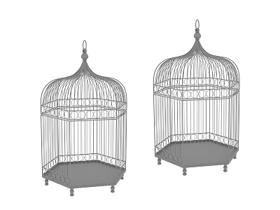 Two Ornamental Wire Birdcages With Hexagonal Base And Decorative Tops 3d model