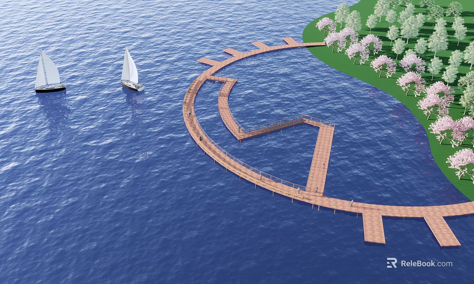 Waterfront Landscape Design Featuring Curved Wooden Boardwalk Sailboats Green Lawn And Blooming Trees 3d model 