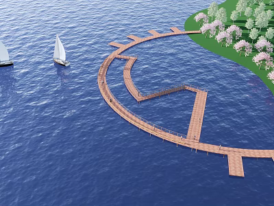 Waterfront Landscape Design Featuring Curved Wooden Boardwalk Sailboats Green Lawn And Blooming Trees 3d model