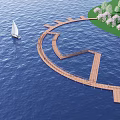 Waterfront Landscape Design Featuring Curved Wooden Boardwalk Sailboats Green Lawn And Blooming Trees