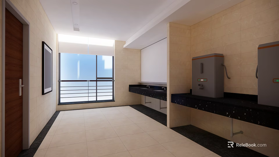 Modern Tea Room Interior With Large Window Sea View Marble Countertop And Water Dispenser 3d model 