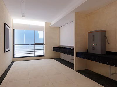 Modern Tea Room Interior With Large Window Sea View Marble Countertop And Water Dispenser 3d model
