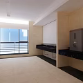Modern Tea Room Interior With Large Window Sea View Marble Countertop And Water Dispenser