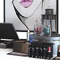 Stylish Perfume Cosmetics Display With Women's Face Paintings And Decorative Items