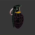 Military Hand Grenade With Green Ribbed Surface Yellow Stripe Fuse And Metal Pin