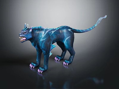 Mythical Blue Creature With Lightning Patterns Horns Sharp Fangs And Pink Claws 3d model