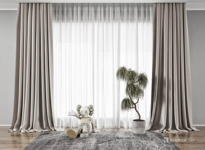 Gray Curtains And White Sheer In Room With Wooden Floor Rug Plush Toy Potted Tree 3d model 