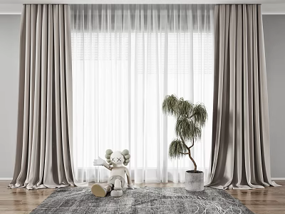 Gray Curtains And White Sheer In Room With Wooden Floor Rug Plush Toy Potted Tree 3d model