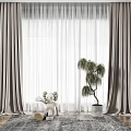 Gray Curtains And White Sheer In Room With Wooden Floor Rug Plush Toy Potted Tree