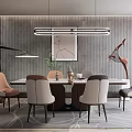 Modern Dining Table Set With Multi Colored Chairs Hanging Pendant Light And Gray Textured Wall 3d model