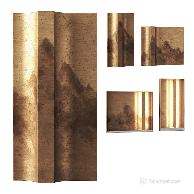 Golden Artistic Floor Lamp With Mountain Landscape Design In Various Views 3d model 