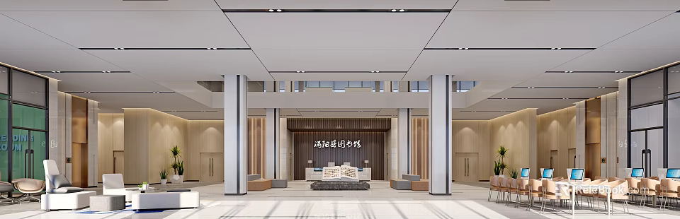 Modern Store Front Desk Area With Wooden Backdrop And Reception Counter 3d model 