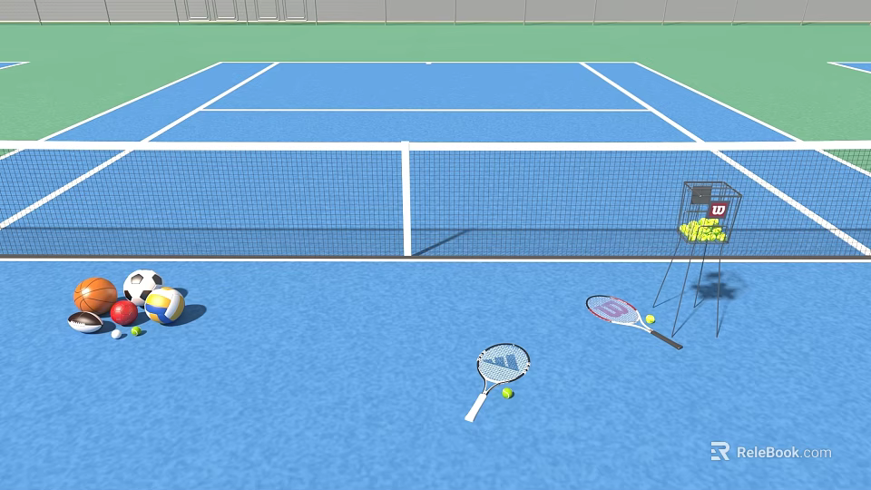 Tennis Court Fitness Space With Net Rackets Balls And Ball Basket 3d model 