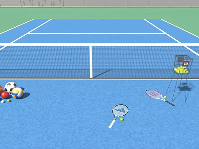 Tennis Court Fitness Space With Net Rackets Balls And Ball Basket 3d model