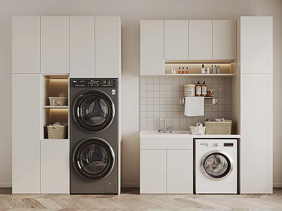 Modern Bathroom Cabinetry With White Storage Units Washing Machine And Dryer 3d model
