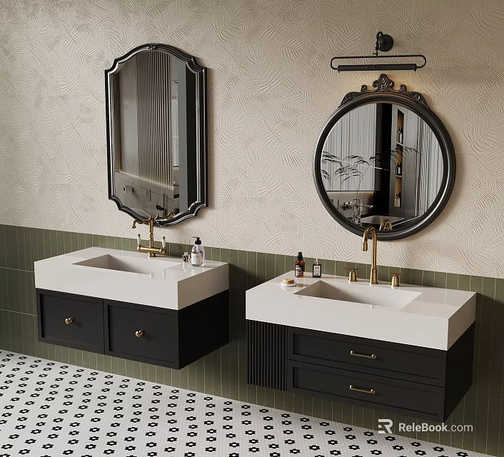 Modern Bathroom Interior With Double Vanities Black Cabinets White Countertops And Gold Faucets 3d model 
