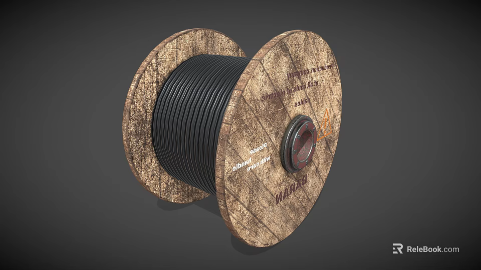 Industrial Cable Reel With Wooden Flange And Heavy Duty Black Spooled Cable 3d model 