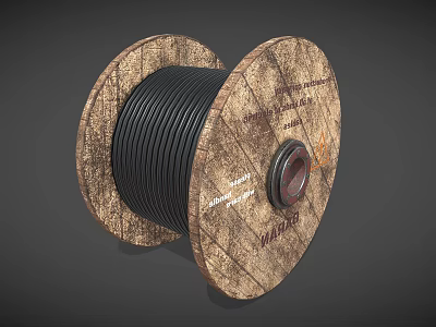 Industrial Cable Reel With Wooden Flange And Heavy Duty Black Spooled Cable 3d model