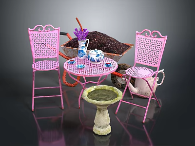Outdoor Garden Furniture Set Pink Metal Chairs Table With Wheelbarrow Lavender Teacups And Birdbath 3d model