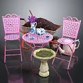 Outdoor Garden Furniture Set Pink Metal Chairs Table With Wheelbarrow Lavender Teacups And Birdbath