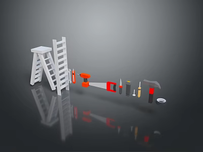White Ladder And Tools Including Hammer Wrench Screwdriver On Dark Background With Reflections 3d model