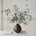 Brown Ceramic Vase With Green Leafy Branches On White Tabletop And Vertical Slat Backdrop 3d model