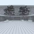 Modern Museum Building Exterior With Illuminated Windows Courtyard Trees And Wooden Walkway