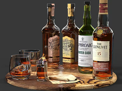 Whiskey Bottles And Wine Glasses On Wooden Tray With Liquid And Oak Labels 3d model