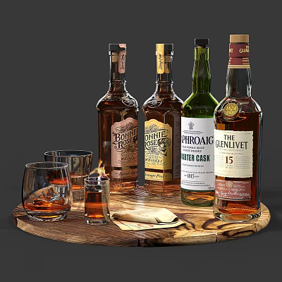 Whiskey Bottles And Wine Glasses On Wooden Tray With Liquid And Oak Labels 3d model