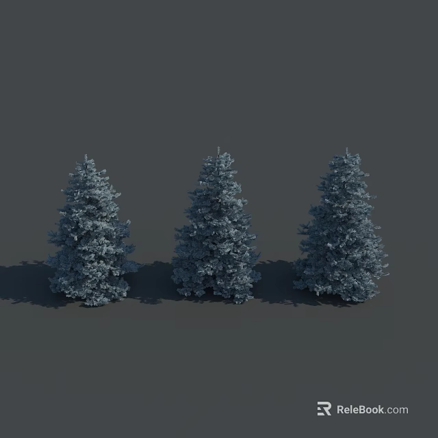 Three Blue Evergreen Trees Standing Against Gray Background With Shadows 3d model