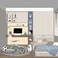 Modern Kids Bedroom With Bed Desk Computer Bookshelf Striped Rug Window Blinds And Soccer Ball