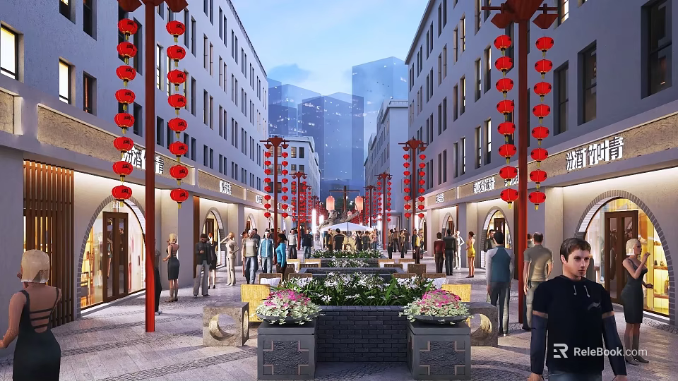 Vibrant Commercial Pedestrian Street with Red Lanterns Flower Beds Buildings and Busy Pedestrians 3d model 