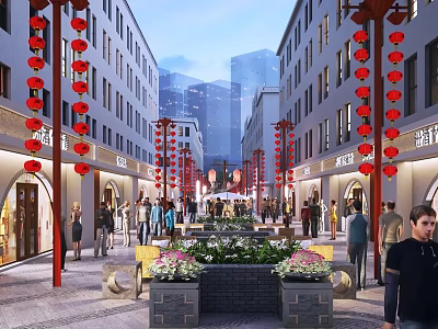 Vibrant Commercial Pedestrian Street with Red Lanterns Flower Beds Buildings and Busy Pedestrians 3d model