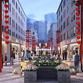 Vibrant Commercial Pedestrian Street with Red Lanterns Flower Beds Buildings and Busy Pedestrians