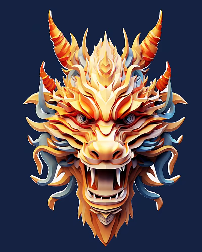 3D Stylized Dragon Character for Game Movie with Fierce Expression Flame Decorations Golden Orange Tones 3d model