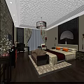 Elegant Chinese Style Clubhouse Bedroom With Chandelier Decorative Screen And Wooden Furniture